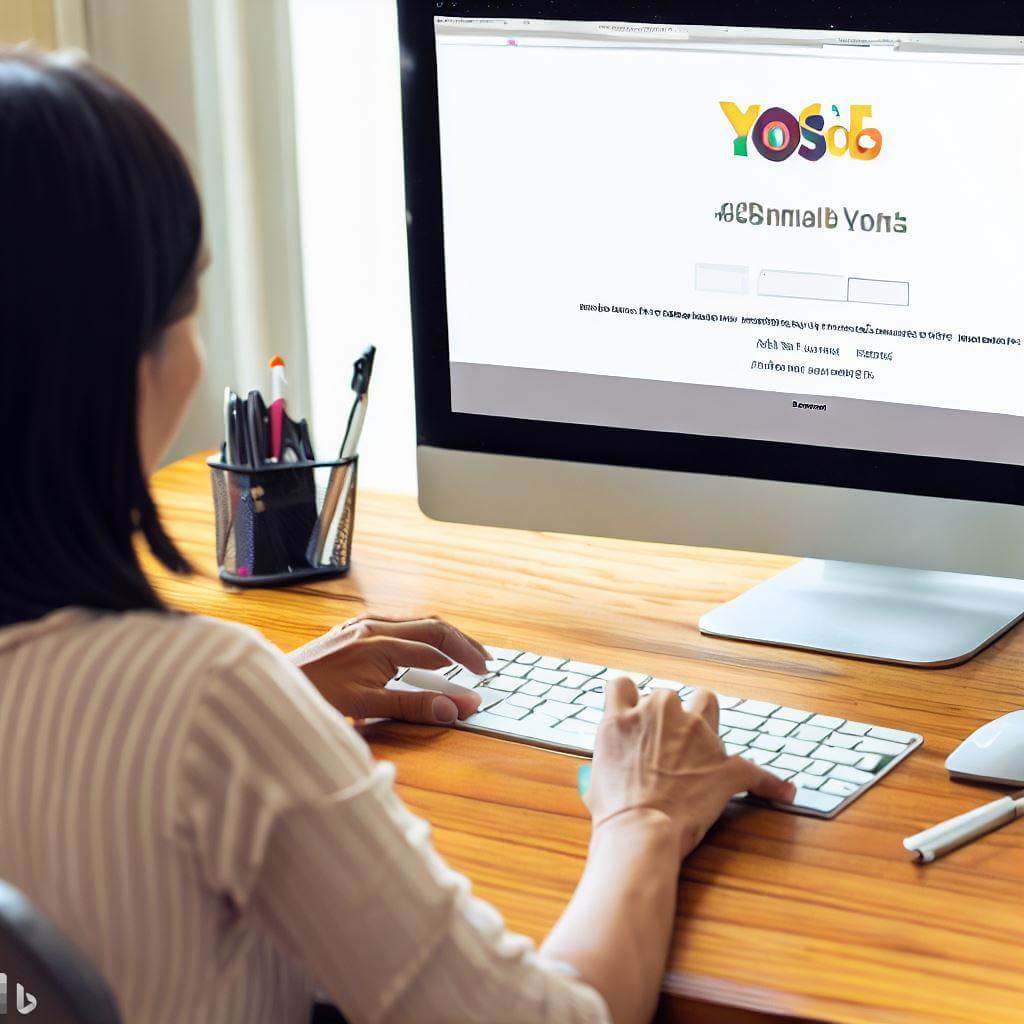 40代の女性が自宅のオフィスでパソコンを使い、Yoast SEOのウェブページを開いている様子。
