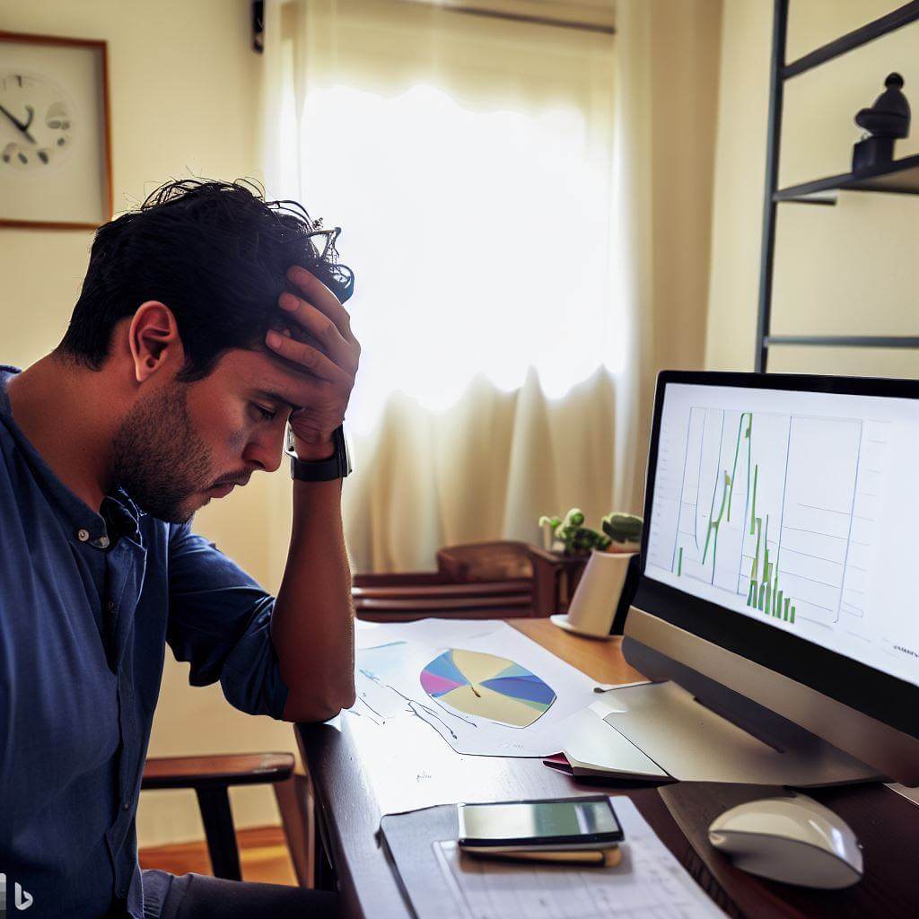 30代の男性が自宅オフィスでコンピューター画面に困った表情で見入っている。画面にはグラフが表示されている。
