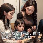 家の中でパソコンを使いながら子供と一緒に過ごす母親のイメージ。