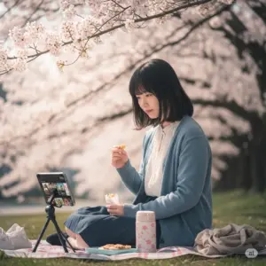 花見をしながら動画ストリーミングサービスを見ている女性