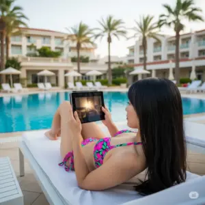 プールで動画を見ている女性