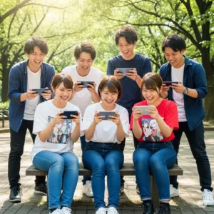 外でオンラインゲームを友達とやっている大学生