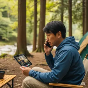 キャンプでスマホを使って友達と通話しながらタブレットで動画を見ている日本人男性