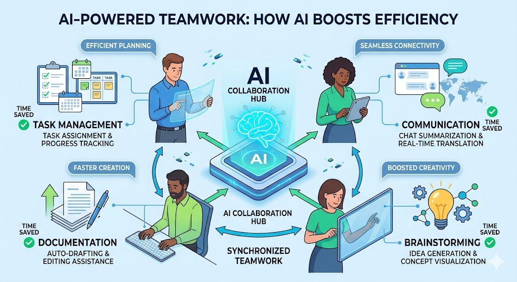 AIを使ってチームで効率よく仕事をしている様子の図解