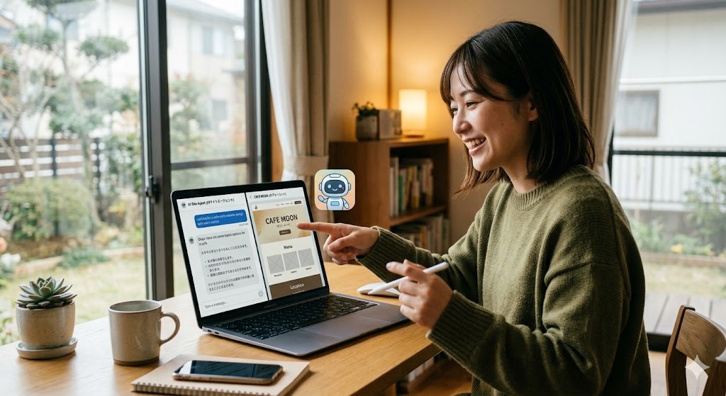 パソコンでAIと会話しながら簡単にホームページを作っているイメージ画像