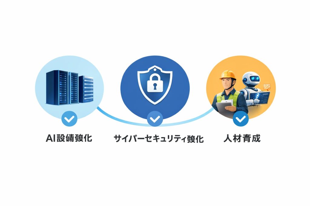 AI設備強化、セキュリティ、人材育成の3つの柱を示したシンプルなイメージ図