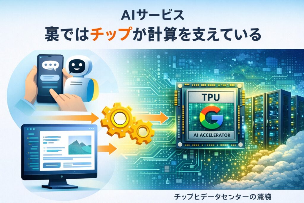 AIサービスの裏でチップが計算を支えている流れを示す図