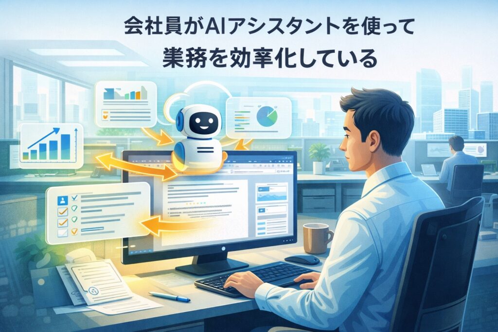 会社員がAIアシスタントを使って業務を効率化しているイメージ