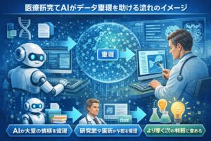 医療研究でAIがデータ整理を助ける流れのイメージ