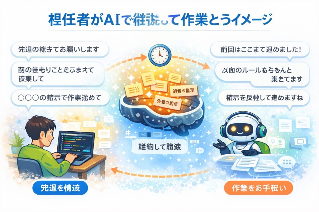 利用者がAIに継続して相談し、AIが過去の内容をふまえて作業を手伝う流れのイメージ