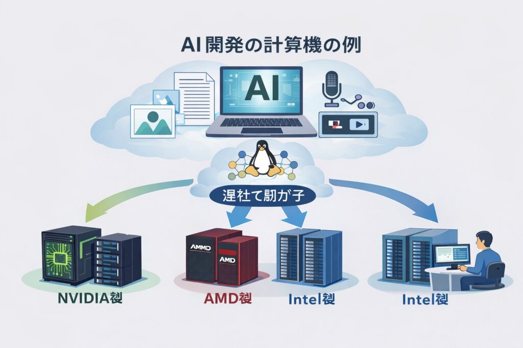 複数メーカーの計算機を混ぜてAIを動かす例を示したイメージ図